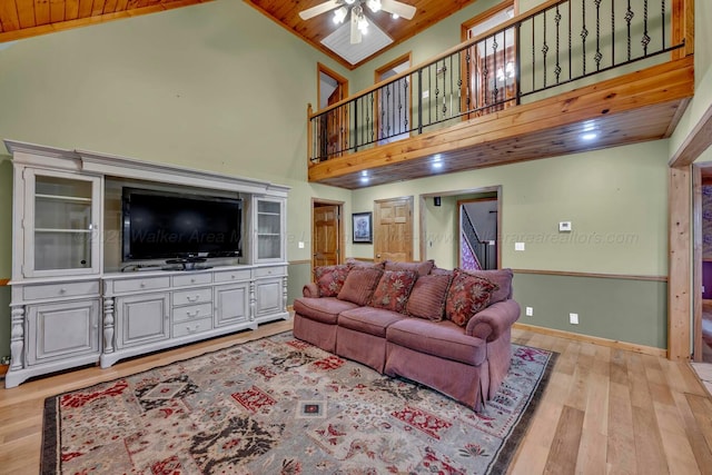 5305 Split Rail Dr, Jasper, AL 35503 - living room with wood ceiling, a ceiling fan, light wood-type flooring, high vaulted ceiling, and stairway