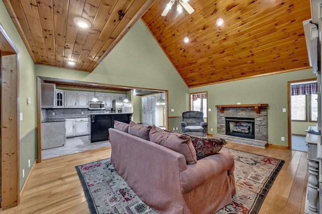 5305 Split Rail Dr, Jasper, AL 35503 - living room featuring wood ceiling, light wood-type flooring, a fireplace, high vaulted ceiling, and ceiling fan