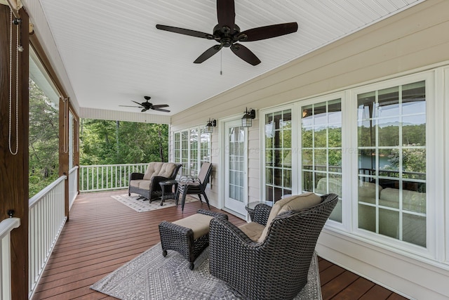 436 Ducktail Rd, Houston, AL 35572 - wooden porch featuring ceiling fan and a water view