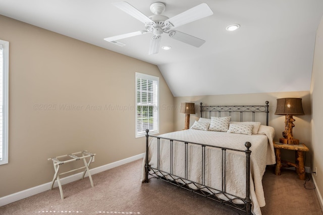 436 Ducktail Rd, Houston, AL 35572 - bedroom featuring carpet flooring, baseboards, vaulted ceiling, ceiling fan, and recessed lighting