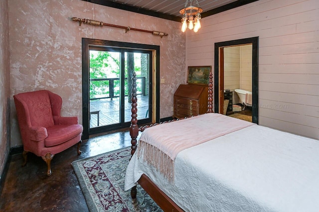178 Turtle Ln, Houston, AL 35572 - bedroom with finished concrete floors, access to exterior, and wood walls