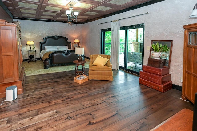 178 Turtle Ln, Houston, AL 35572 - bedroom with a textured wall, dark wood-style flooring, a chandelier, an ornate ceiling, and access to exterior