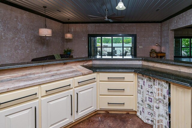 178 Turtle Ln, Houston, AL 35572 - kitchen with ceiling fan, pendant lighting, white cabinetry, wood ceiling, and butcher block countertops