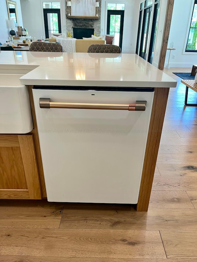 room details featuring white dishwasher, light countertops, light wood-style floors, and a stone fireplace