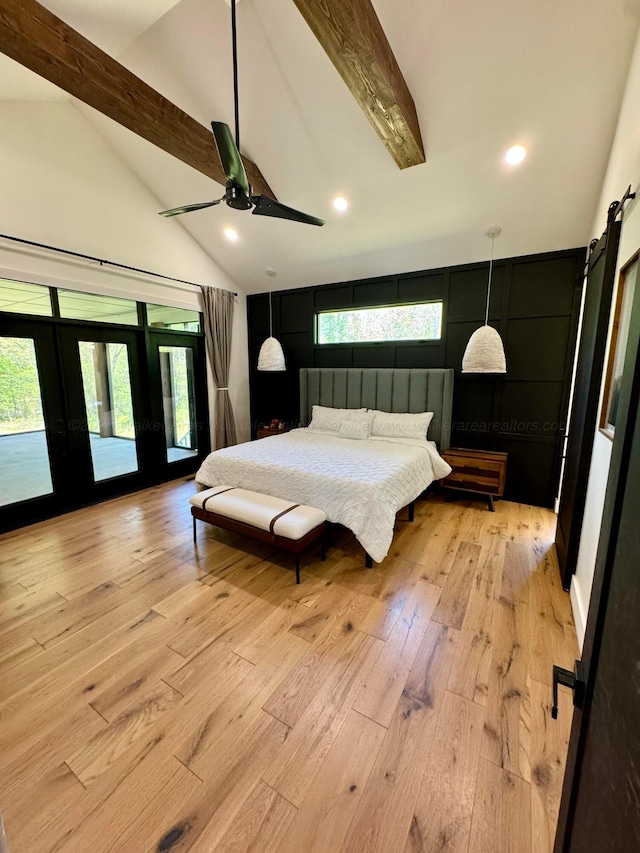 bedroom with light wood-style flooring, beam ceiling, access to exterior, recessed lighting, and high vaulted ceiling