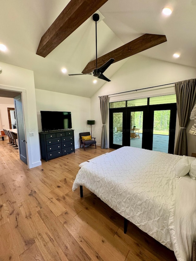 bedroom featuring recessed lighting, wood finished floors, french doors, beamed ceiling, and access to outside