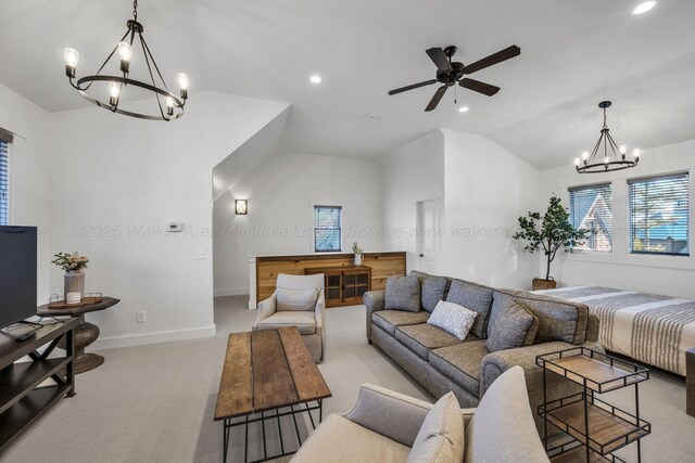living room with vaulted ceiling, carpet floors, ceiling fan with notable chandelier, baseboards, and recessed lighting
