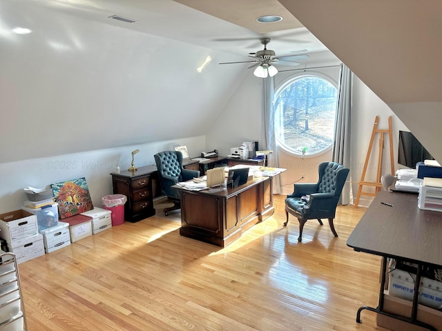 4963 Littleville Rd, Haleyville, AL 35565 - office area with light wood-style flooring, a ceiling fan, and lofted ceiling