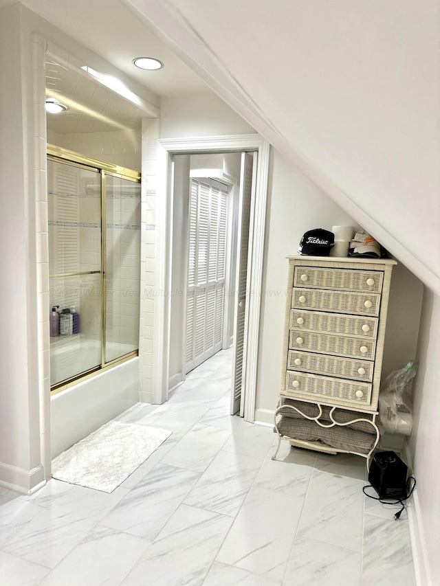 4963 Littleville Rd, Haleyville, AL 35565 - full bathroom featuring marble look tile flooring, shower / bath combination with glass door, and recessed lighting