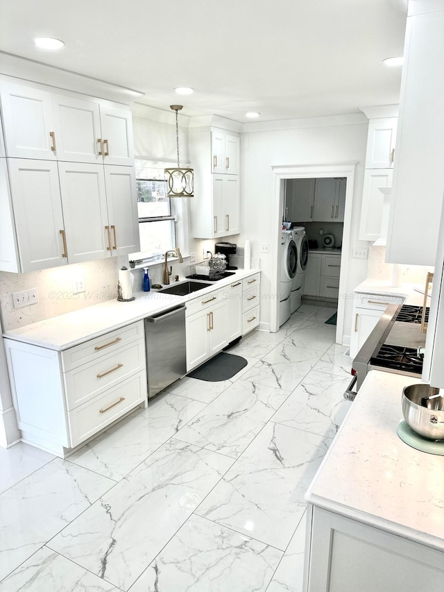 4963 Littleville Rd, Haleyville, AL 35565 - kitchen featuring stainless steel dishwasher, washer and dryer, light marble finish flooring, white cabinets, and recessed lighting
