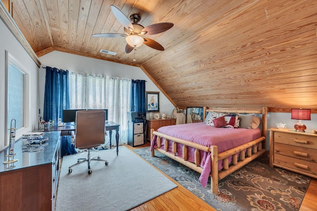 bedroom with vaulted ceiling, visible vents, wood finished floors, ceiling fan, and wood ceiling