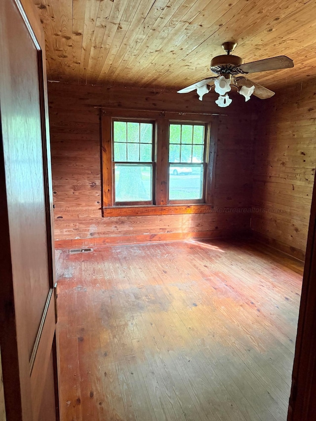 unfurnished room featuring wood ceiling, hardwood / wood-style floors, and wooden walls