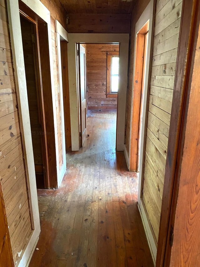hall with hardwood / wood-style floors, wooden walls, and wood ceiling