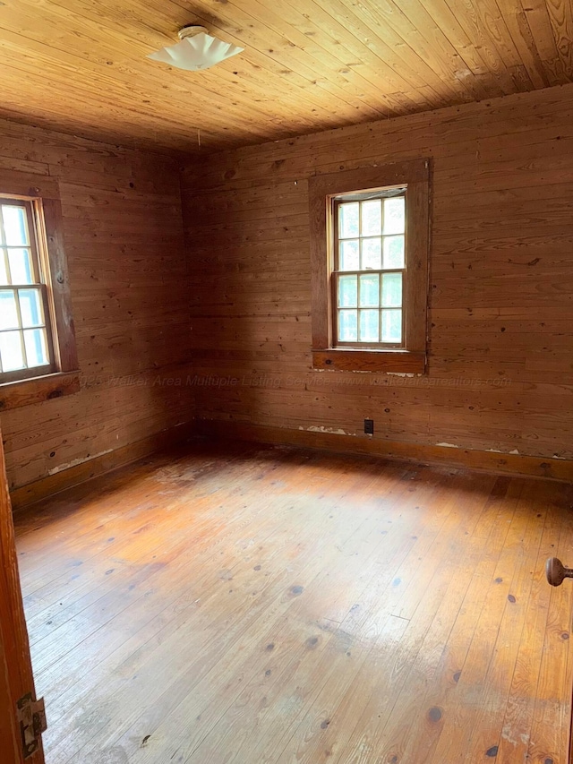unfurnished room with plenty of natural light and wooden walls