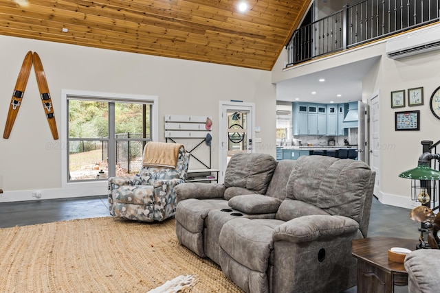 living room with high vaulted ceiling, sink, a wall mounted air conditioner, and wood ceiling