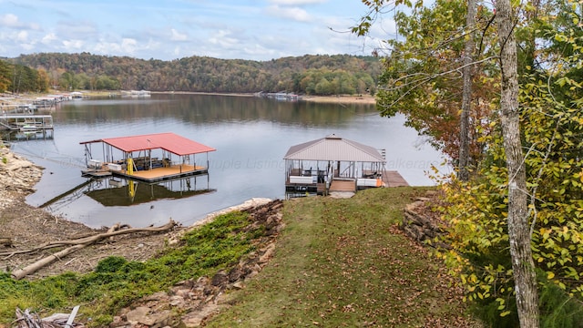 view of dock with a water view