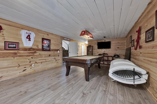 playroom with wood walls, wooden ceiling, billiards, and wood finished floors