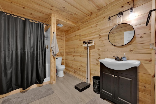 full bath featuring vanity, curtained shower, wood ceiling, and wood walls