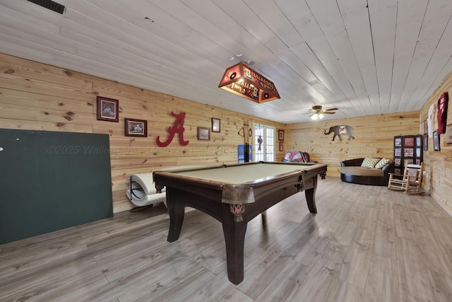 recreation room with visible vents, wood finished floors, wooden ceiling, pool table, and ceiling fan