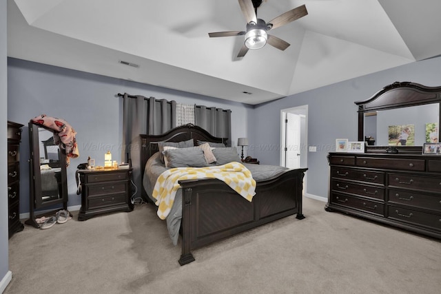 bedroom with visible vents, baseboards, carpet floors, high vaulted ceiling, and a ceiling fan