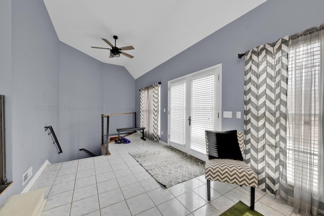 tiled bedroom with visible vents, access to exterior, a ceiling fan, and vaulted ceiling