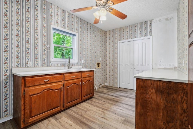 kitchen with ceiling fan, sink, a textured ceiling, and light wood-type flooring