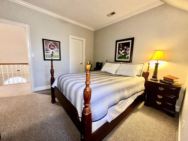 bedroom with carpet floors and ornamental molding