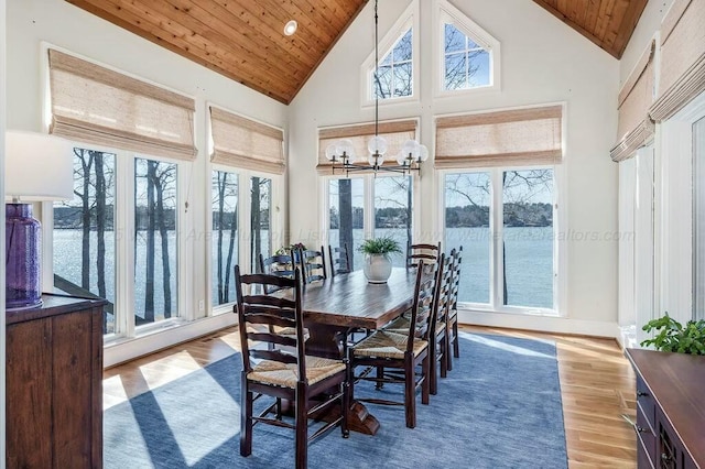 sunroom / solarium with wooden ceiling, a chandelier, a wealth of natural light, and vaulted ceiling