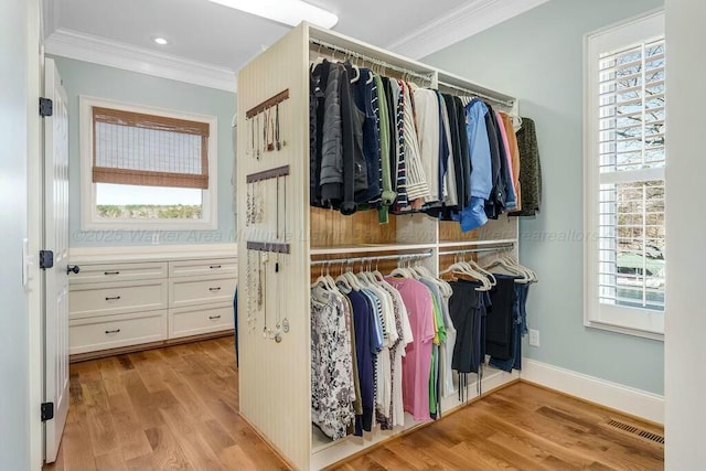 walk in closet featuring wood finished floors and visible vents