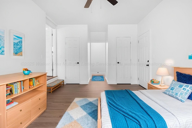 bedroom with ceiling fan, dark hardwood / wood-style flooring, and two closets