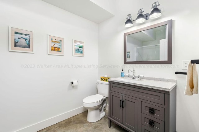 bathroom with concrete floors, toilet, walk in shower, and vanity