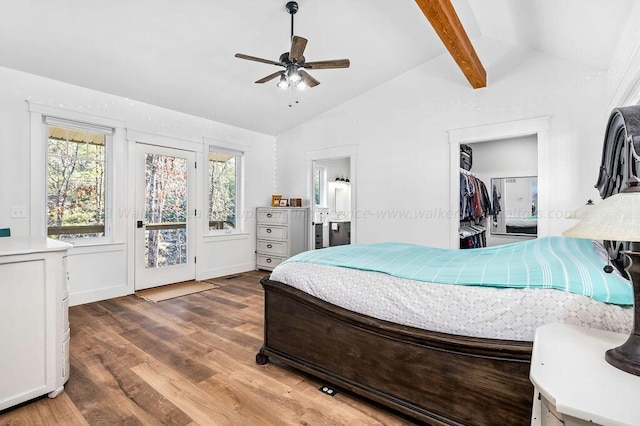 bedroom with a walk in closet, connected bathroom, hardwood / wood-style flooring, lofted ceiling with beams, and ceiling fan