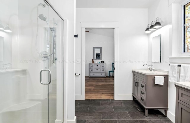 bathroom with vanity, a shower with shower door, and wood-type flooring