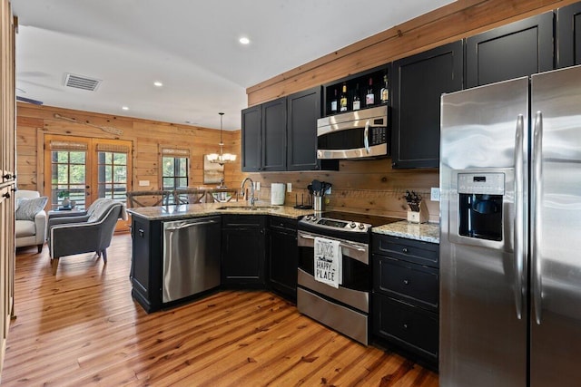 kitchen with sink, hanging light fixtures, appliances with stainless steel finishes, light hardwood / wood-style floors, and kitchen peninsula