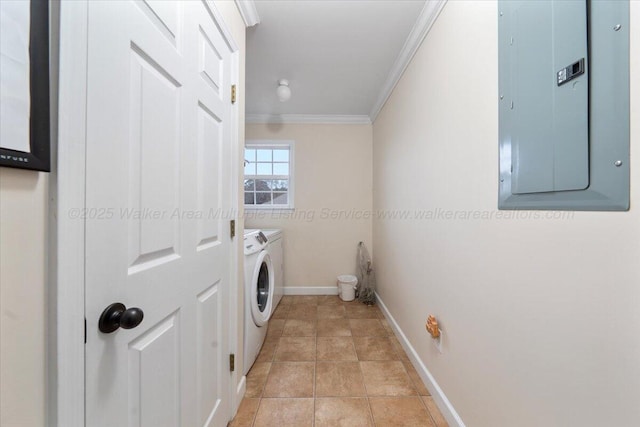 laundry room with laundry area, electric panel, baseboards, ornamental molding, and washing machine and clothes dryer