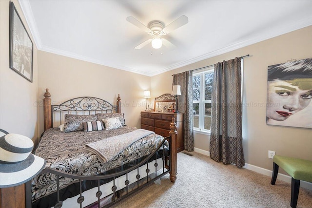 bedroom with crown molding, baseboards, ceiling fan, and carpet flooring