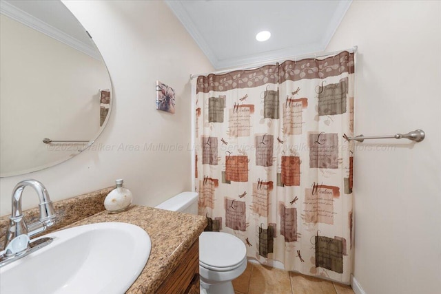 bathroom with vanity, toilet, and crown molding