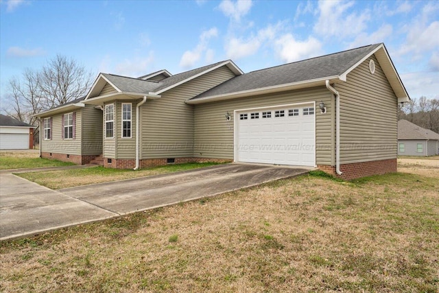 single story home with a garage, crawl space, driveway, and a front lawn