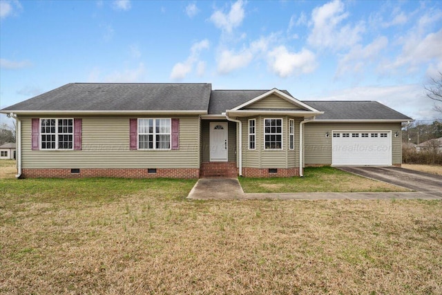 single story home featuring a garage, aphalt driveway, roof with shingles, crawl space, and a front yard