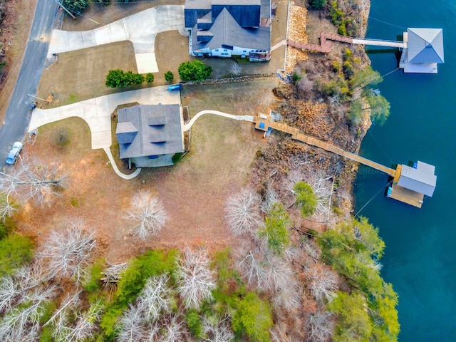 drone / aerial view featuring a water view