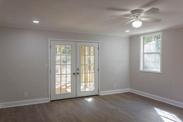 doorway to outside featuring ceiling fan, french doors, crown molding, and dark hardwood / wood-style floors