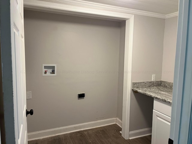 clothes washing area featuring electric dryer hookup, crown molding, dark wood-type flooring, and washer hookup