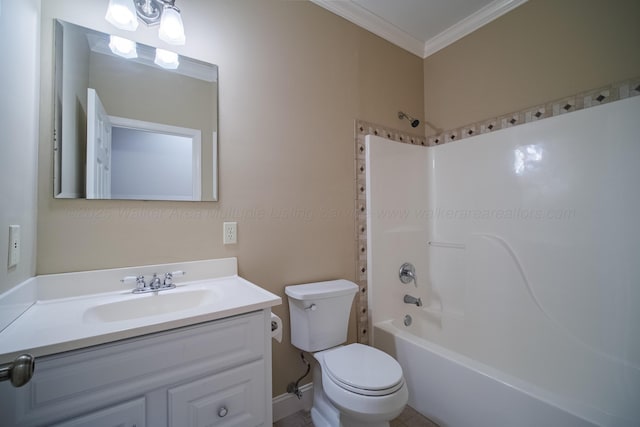 full bathroom with vanity, ornamental molding, bathing tub / shower combination, and toilet