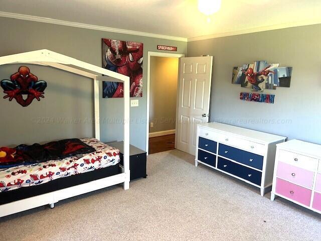 bedroom with carpet flooring and crown molding