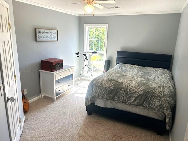 carpeted bedroom featuring ceiling fan and crown molding