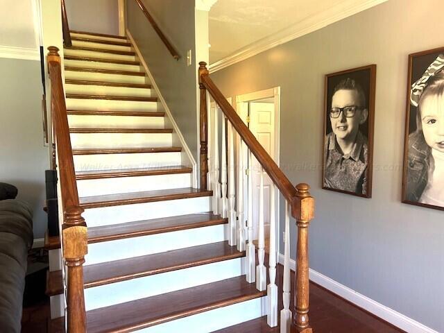 staircase featuring hardwood / wood-style floors and ornamental molding