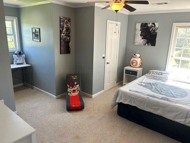 bedroom featuring carpet flooring, ceiling fan, and ornamental molding