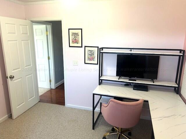 home office featuring carpet and ornamental molding