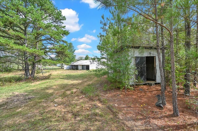 view of yard featuring a storage unit