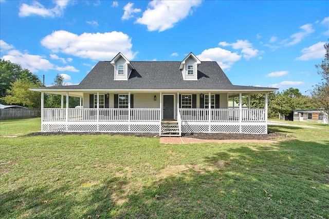 farmhouse-style home with covered porch and a front lawn